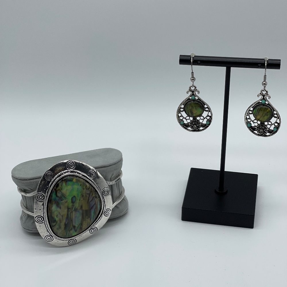 Abalone Silver Tone Cuff Bracelet and Pierced Earring Set